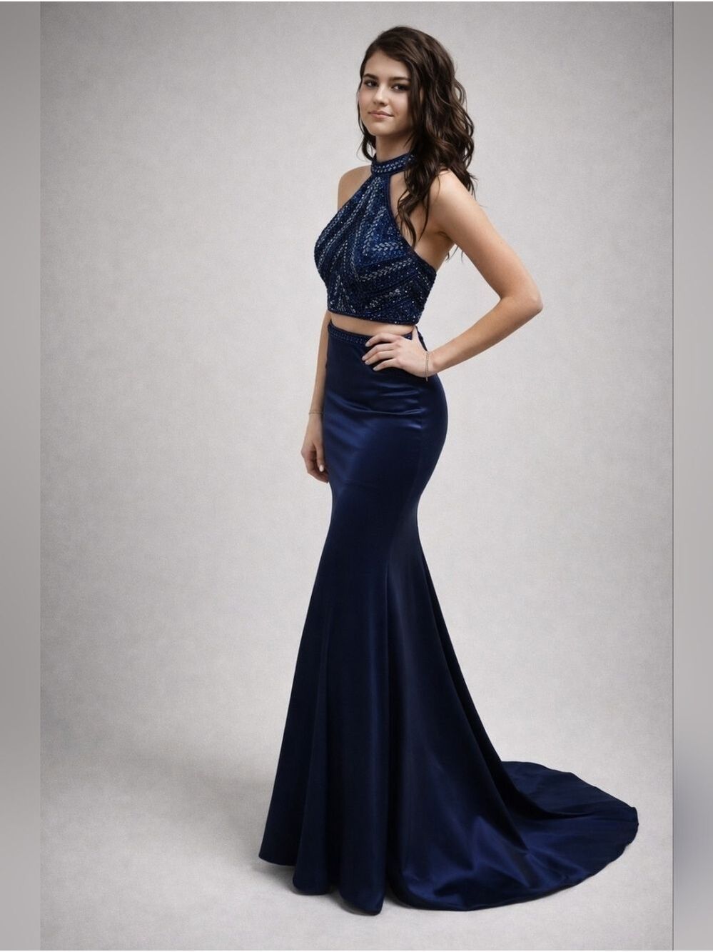 MilanoFormals 2Piece Navy Beaded Halter CropTop&Skirt Sz 4 Y2k IndieGlam Grad